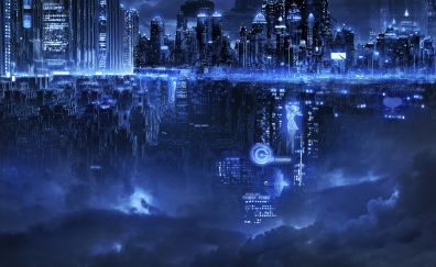 Future city, blue lights, clouds, art