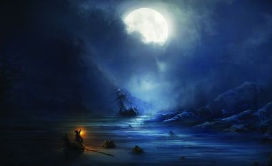 Boat, night, clouds, moon, art