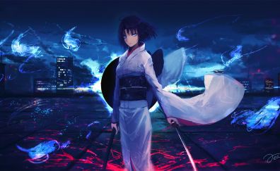 Ryougi Shiki, anime girl, katana, art