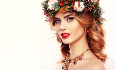 Red lipstick, flowers crown, girl model, 5k