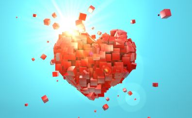 Heart explosions, love, red cubes, abstract, valentine day, 4k
