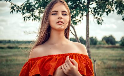 Bare shoulder, girl model, stare, outdoor