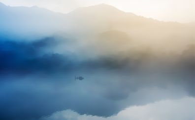 Boat, fishing, lake, reflections, fog, mist, mountains