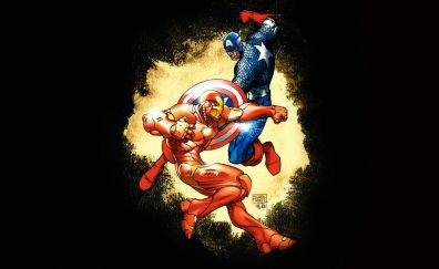 Iron man, Captain America, fight, superheroes, art