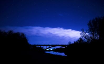 Bridge, clouds, night, blue sky, trees, 5k