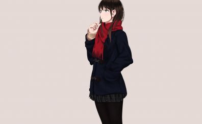 Minimal, cute anime girl, red scarf