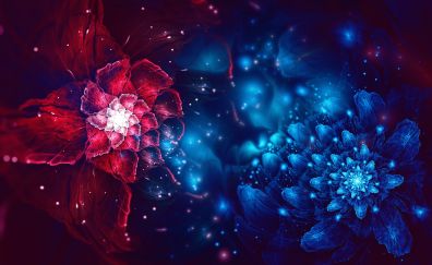 Red blue flowers, fractal, digital art