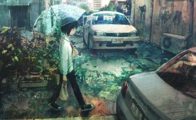 Cars, street, anime, walk, umbrella, art