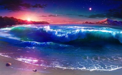 Beach, sea waves, sunset, anime, original