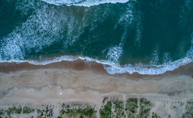 Beach, sea waves, aerial view, 5k