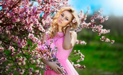 Flowers, blossom, blonde, model, outdoor