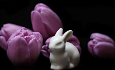 Tulips flowers, hare, Easter bunny
