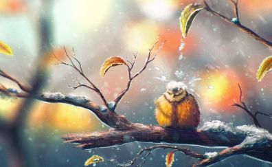 Bird, bath, winter, tree branch, art