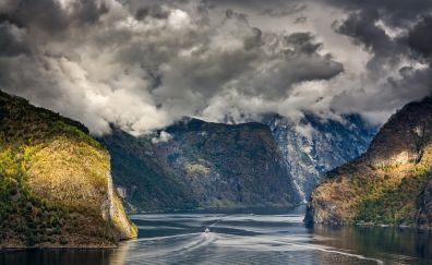 Naeroyfjord, fjord, river, valley, clouds, mountains, nature