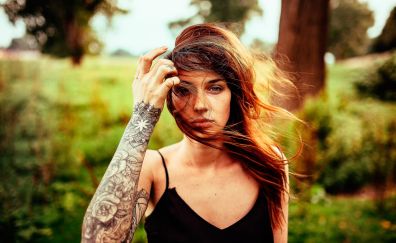 Red head, hair on face, girl model, tattoo