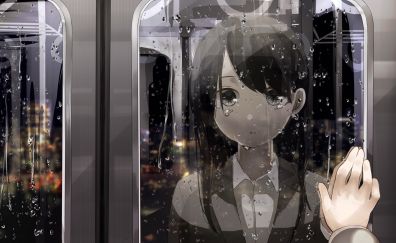 Train, window, cute anime girl, rain
