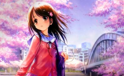 Anime girl, blossom, cute, school dress