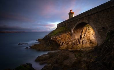 Coast, lighthouse, bridge, sea, sunset
