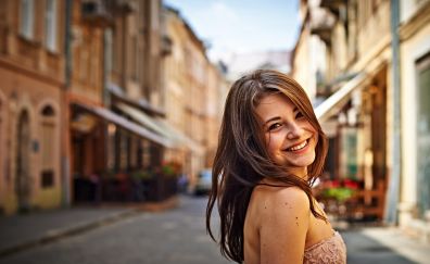 Woman, model, smiling face, street