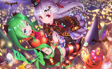 Witches, flying over city, anime, halloween