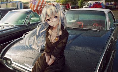 Sitting on car, anime girl, white hair