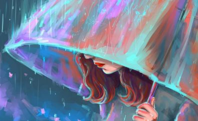 I miss you sad girl in rain with umbrella painting artwork