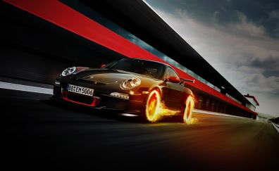 Porsche 911 GT3 RS, black, wheel on fire