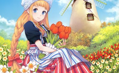 Cute, anime girl, flower, farm, original