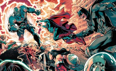 Justice league, fight with villain, batman, super man, wonder woman
