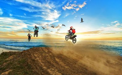 Sky, motocross, bikes, coast, rally, sea, sports