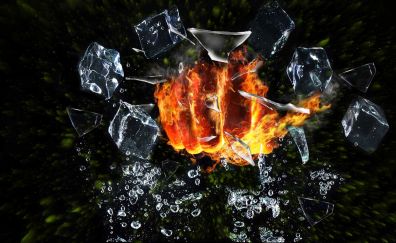 Fist, fire, ice cubes, abstract