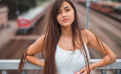 Woman, girl model, white top, portrait