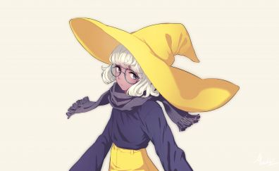 Big yellow hat, anime girl, white hair
