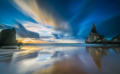 Coast, reflections, sunset, sea, cliff
