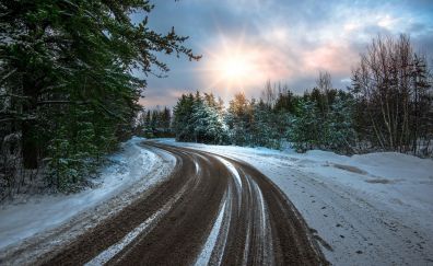 Nature, winter, forest, clouds, road