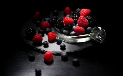Dark mood, food, fruits, blueberry, raspberry, blackberry, 4k