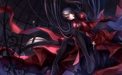 Anime girl, long hair, original, red dress, art