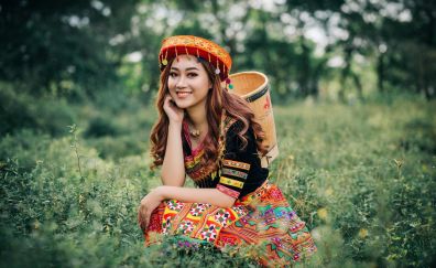 Red head, asian girl model, traditional dress