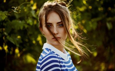 Beautiful, girl model, hair on face, striped t-shirt