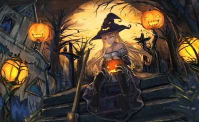 Witch, art, anime girl, halloween