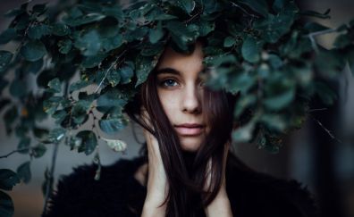 Green eyes, girl, leaves, model