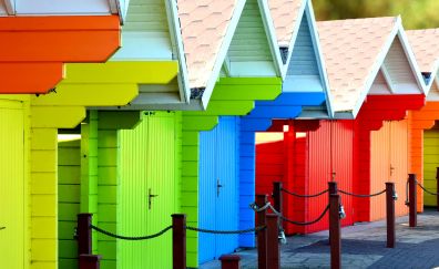 Beach, colorful huts, sand, summer