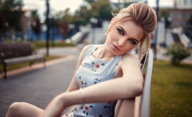 Blue eyes, girl, sitting, bench, model