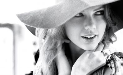 Taylor Swift, smile, hat, monochrome, face