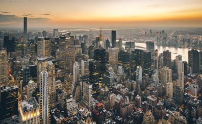 Aerial view, sunset, new york, skyline, buildings