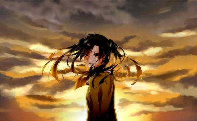 Clouds, long hair, sad, anime girl