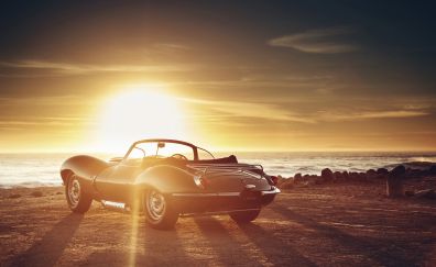 Jaguar XKSS, classic sports car, sunset