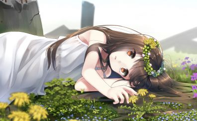 Lying down, cute anime girl, meadow