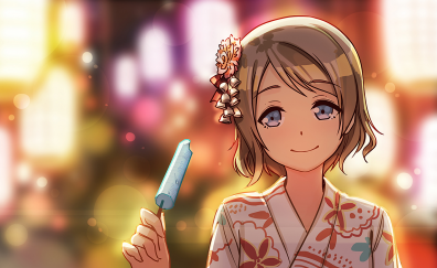 Watanabe You, anime girl, cute anime, eating candy