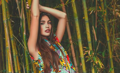 Bamboo trees, girl model, brunette